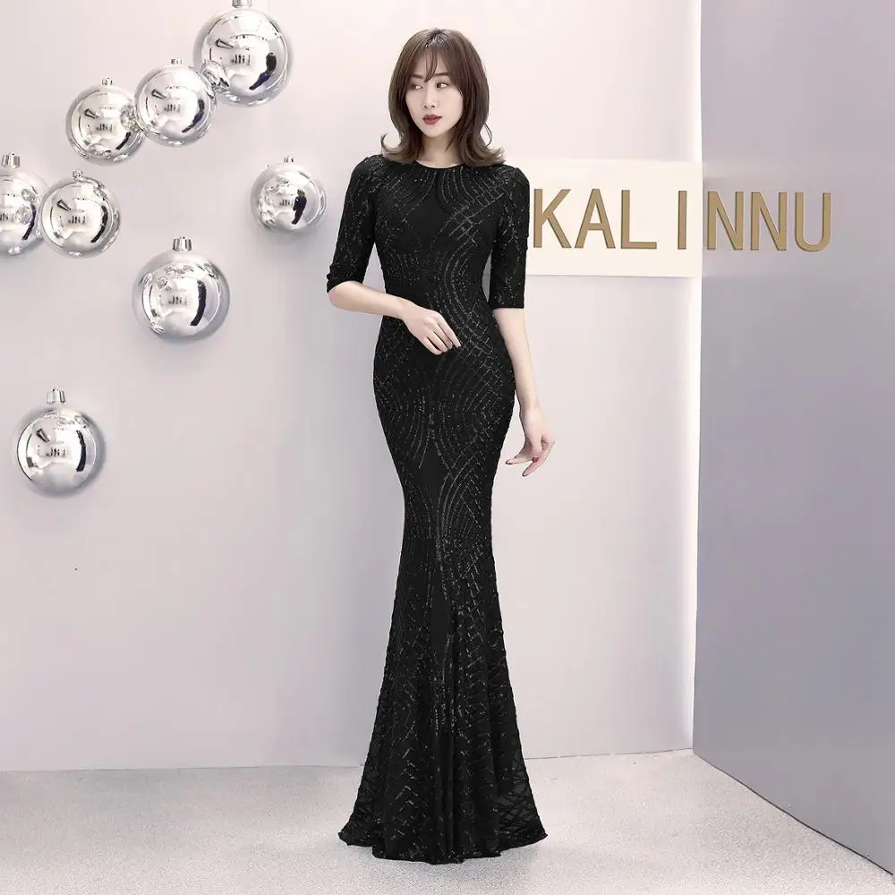 

2019 New Women's Elegant Mermaid Black Sequins Dress Half Sleeve Evening Dress Party Long Prom Dress LF297