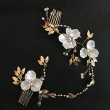 SLBRIDAL ручной работы Золотой Кристалл Стразы жемчуг Цветочные свадебные волосы гребень аксессуары на голову свадебные волосы ювелирные изделия в виде растений для женщин