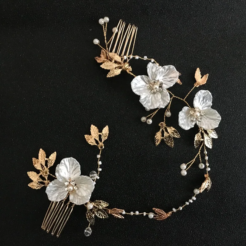 

SLBRIDAL Handmade Gold Crystal Rhinestones Pearls Floral Wedding Hair Comb Headband Accessories Bridal Hair Vine Jewelry Women
