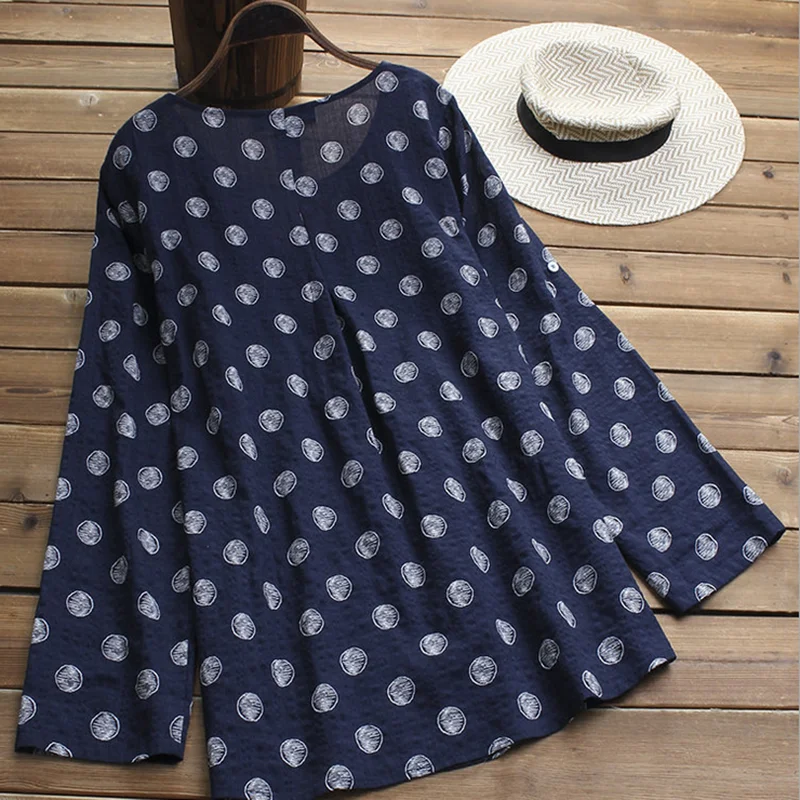 Cotton Linen Printed Loose Long-sleeved Long Section Large Size L-5XL Women's Clothing  Polka Dot Mini Baggy Tunic Shirt Blouse