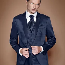 Костюм жениха под заказ Свадебный костюм смокинги Блестящий темно-синий мужской костюм для шафера блейзер(пиджак+ брюки+ галстук+ жилет) B968