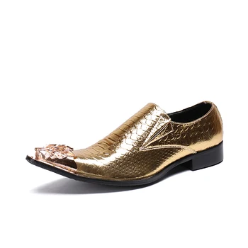 

High Quality Dragon Metal Toe Men Dress Shoes Gold / Silver Snakeskin Pattern Chaussure Homme Handsome Wedding Shoes Men Loafers