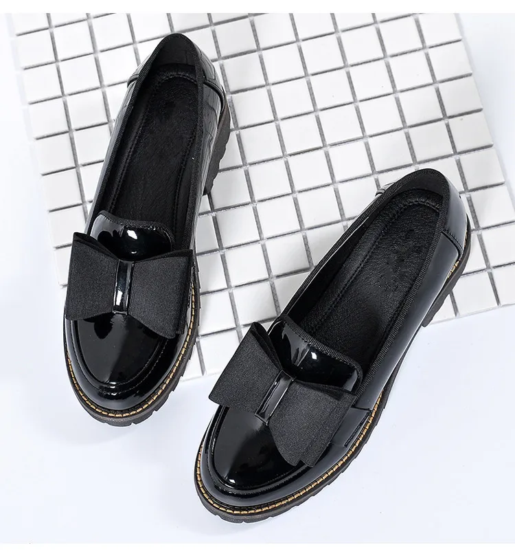 OULYYYOGO/Весенняя женская обувь с круглым носком в британском стиле; винтажные женские лоферы из лакированной кожи с бантиком-бабочкой на толстом каблуке 33-42