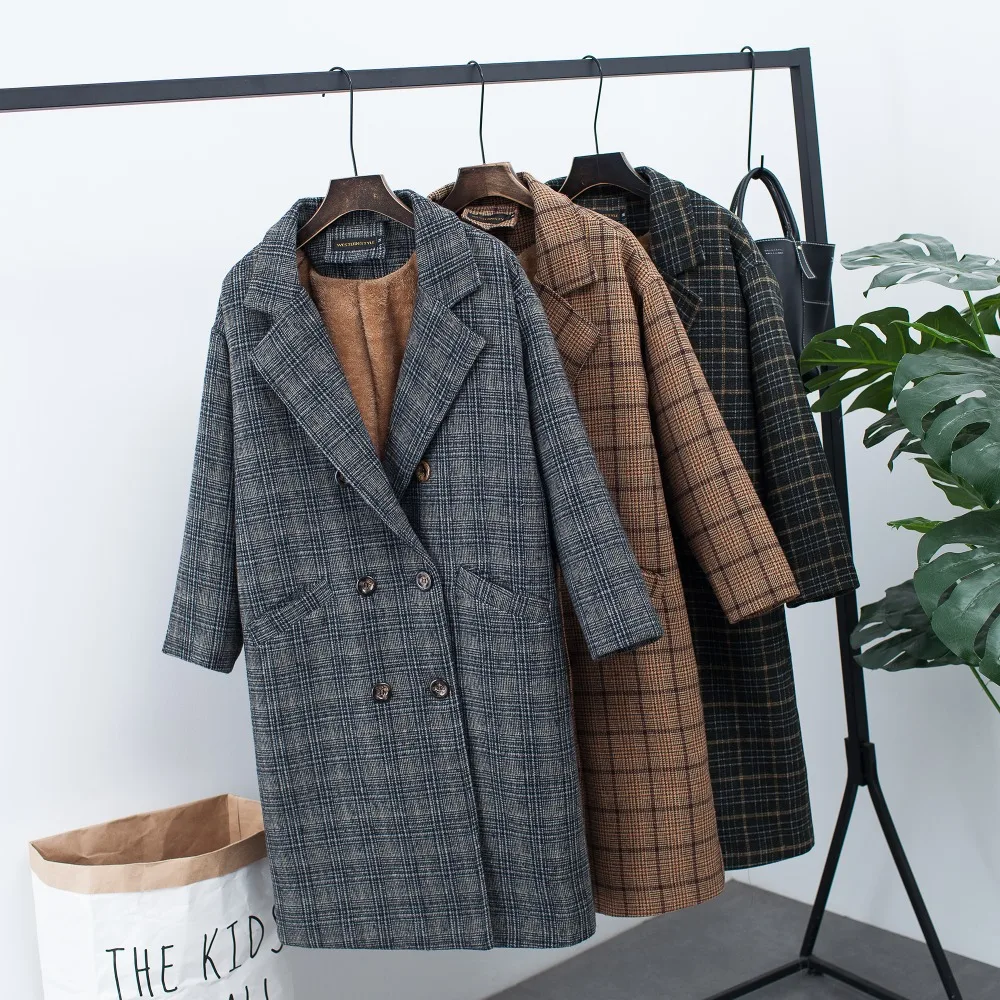 

Women's Wool Coat Winter Women Elegant 2018 Coats Autumn Winter Warm Coat Plaid Double Breasted Lady Jacket Long Korean Feminine