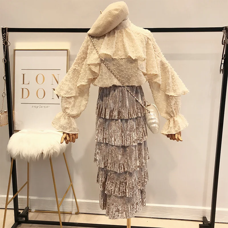 Fall New Women Blending Ruffle Loose Pullover Shirts Ladies Fur Polka Dot Puff Sleeves Blouse Suits Female Stand Collar Tops