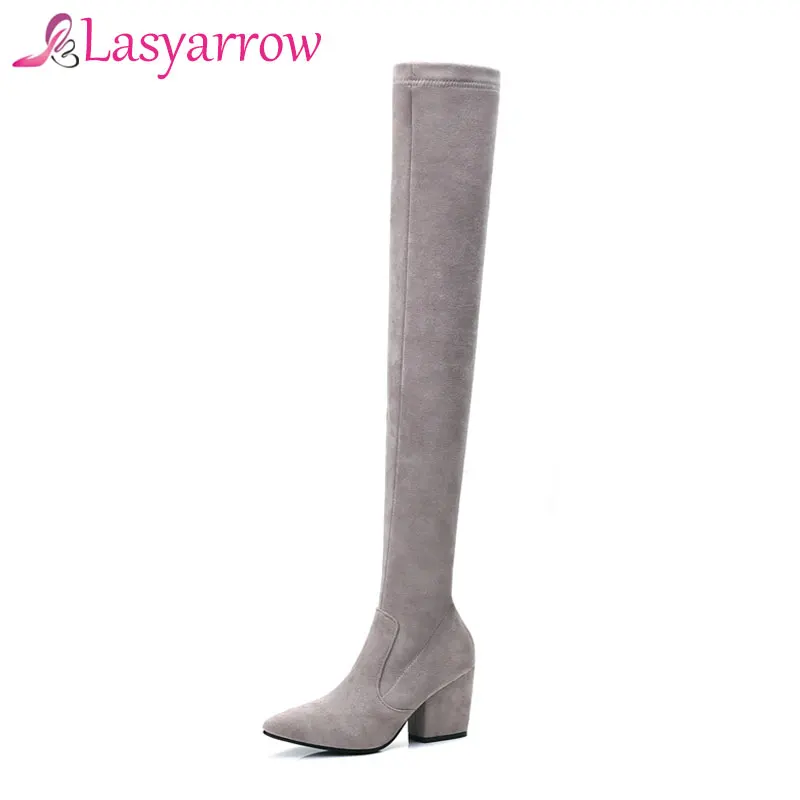 

Lasyarrow Women's Shoes Thick Heels Elastic Sexy Long Boots Fashion Zipper Velvet Boots for Woman Over The Knee Stretch Boots