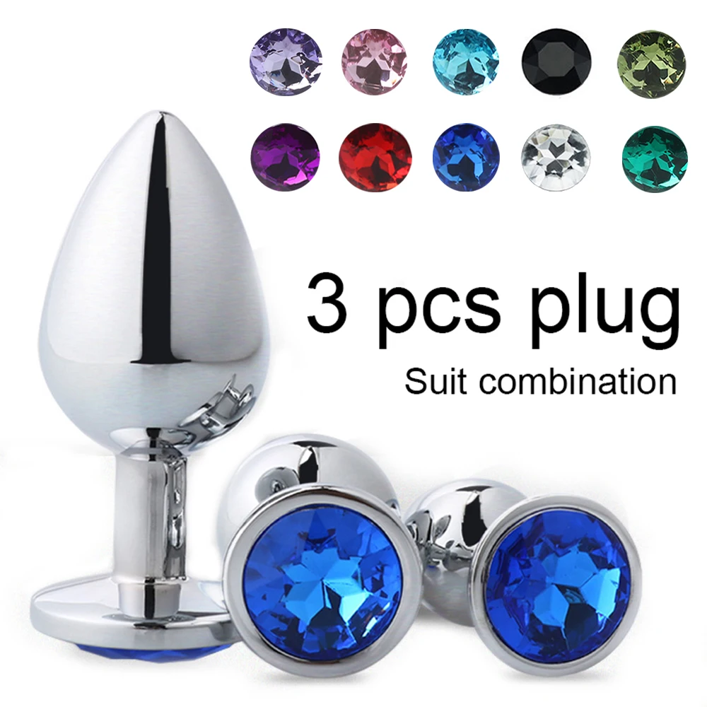 Metal Anal Plug 3 Piece Set Round Colorful Diamond Anal