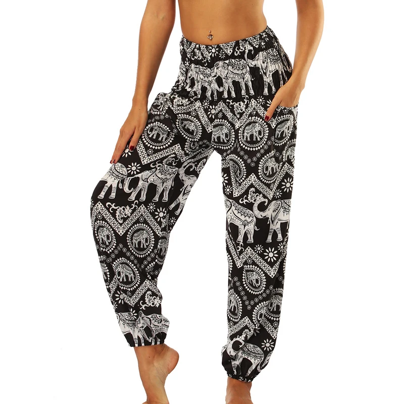 

Women Ethnic Style Pants Thai Elephant Printed Elastic Waist Soft Comfy Long Pants Indie Folk Loose Summer Boho Hippie Trousers