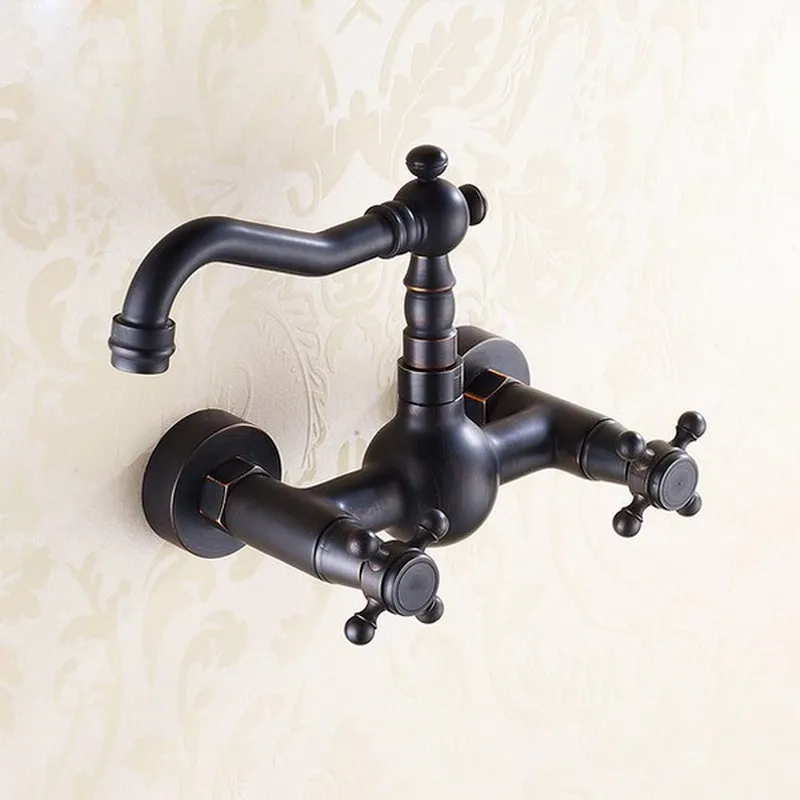 Black Oil Rubbed Bronze Wall Mounted Dual Cross Handles Kitchen Bathroom Vessel Sink Faucet Mixer Taps ahg008