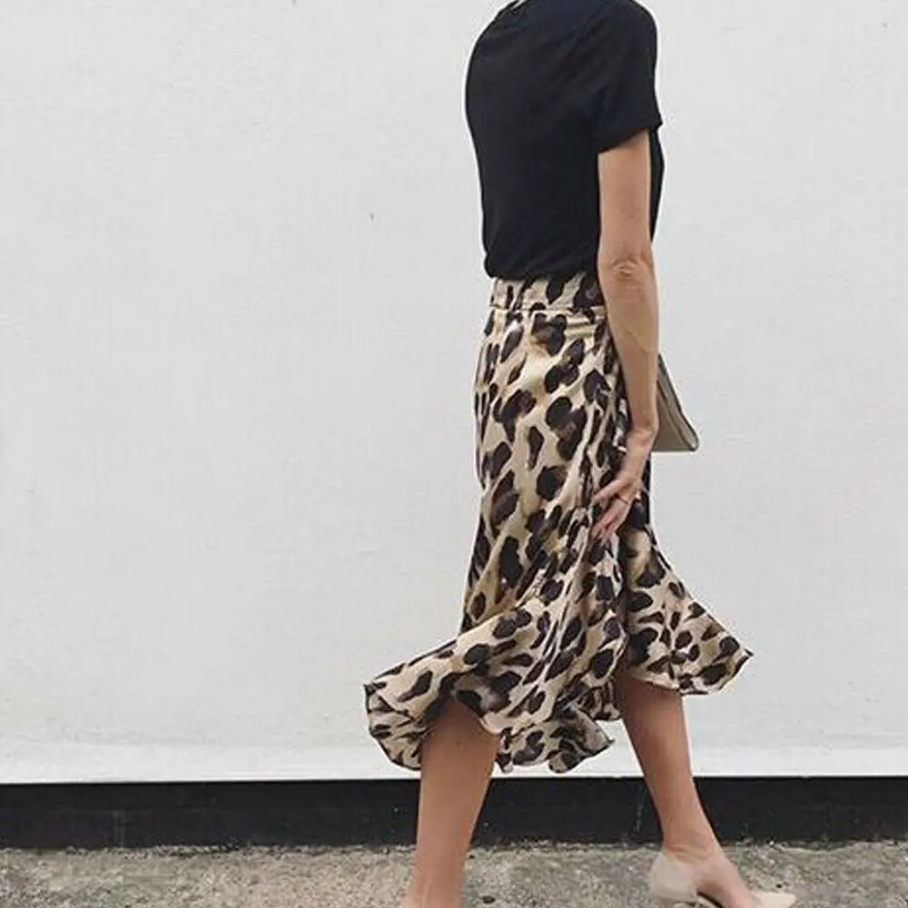 Leopard Skirt Women Fashion Sexy Wrap Over Asymmetrical Calf Length Skirt Ladies Summer Casual High Waist Slim Skirts Sundress