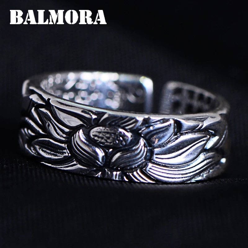 

BALMORA 999 Pure Silver Lotus Heart Sutra Buddhistic Open Rings for Women Men Fashion Vintage Ring Jewelry Anillos JWR060905