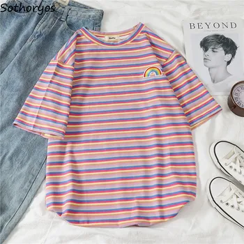 

T-shirts Women 2020 Summer Loose Korean Style Simple Various Color All-match Womens Striped O-Neck Short Sleeve Female Trendy