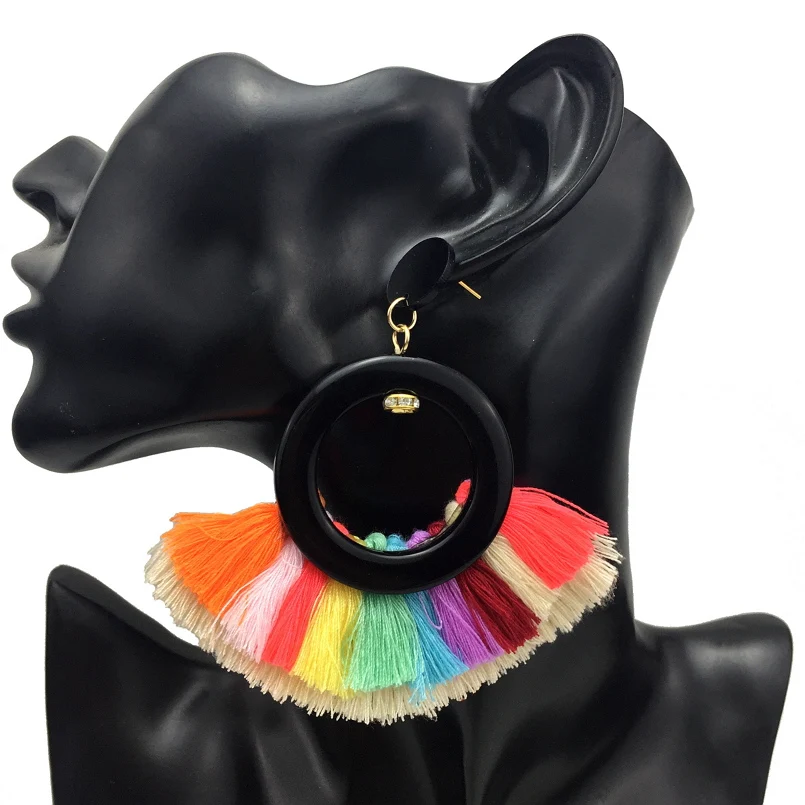 MANILAI Bohemian Two Layers Cotton Flabellate Tassel Earrings Multicolor Jewelry Statement Big Dangle Long Earring For Women