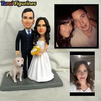 

Turui Figurines ooak Custom Wedding Cake Topper with dog initials Cake Topper with Heart Wedding Date keychain customize dolls