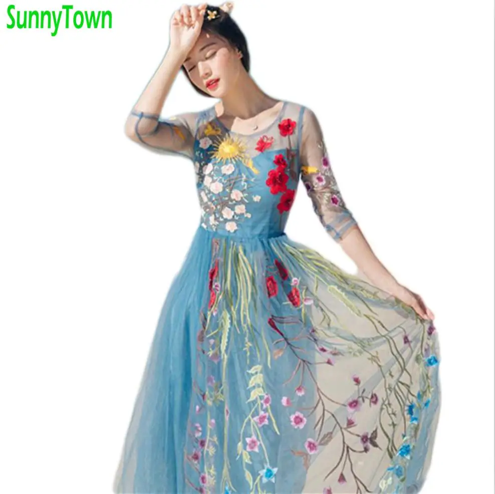 Quality 3D Butterfly Floral Embroidery Summer Dress Women Vintage 3/4 Sleeves Long Beach Dresses Runway Designer Maxi Dress