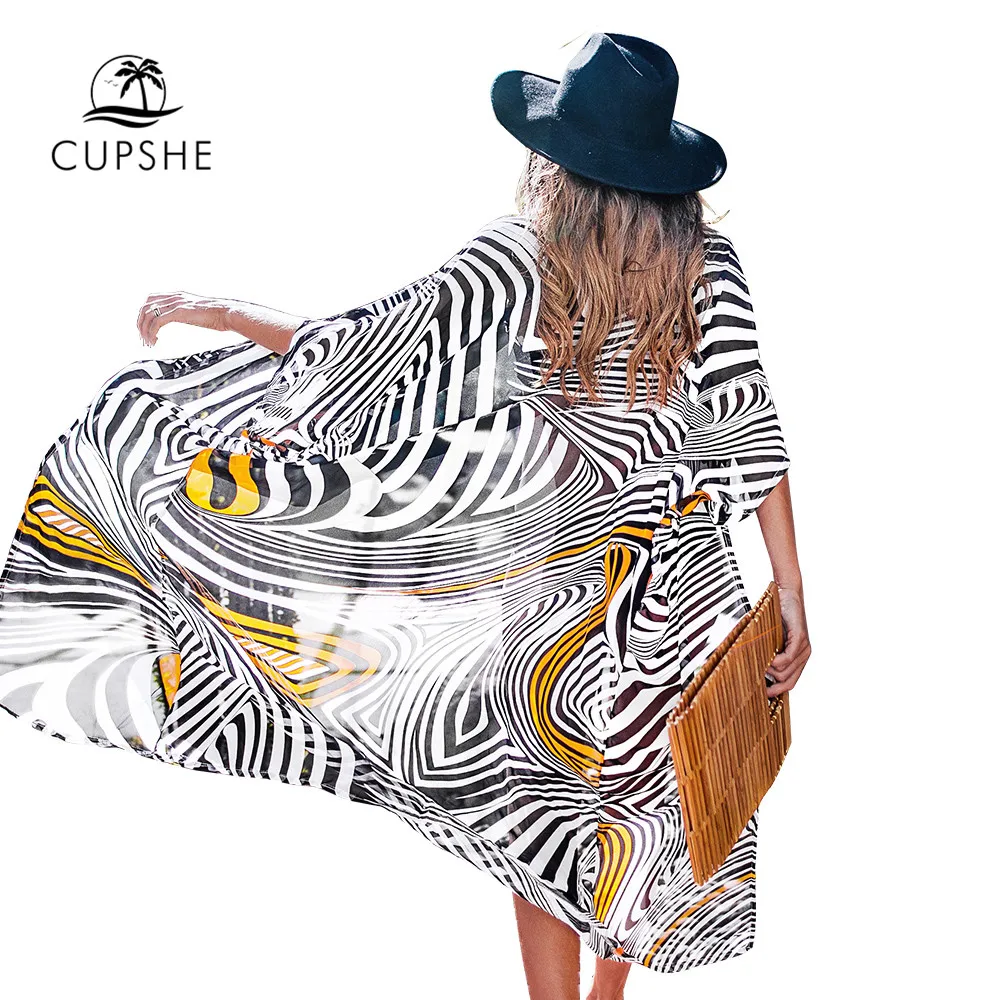 Online CUPSHE Schwarz Weiß Und Orange Zebra Print Bikini Cover Up Lang Kimono Badeanzug Abdeckung Frauen 2020 Strand Badeanzug Bademode