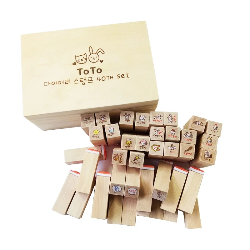 

40 Pcs/set Wooden Box Lovely Diary Pattern Stamp Rubber Cute Animal Stamp DIY Clear Stamps For Scrapbooking Gift