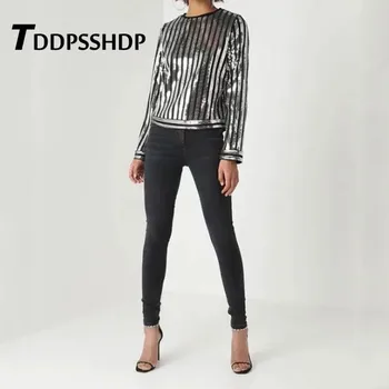 

Round Neckline Sequins Zebra Stripes Women Sweatshirt Leisure Disco Nightclub 2019 Early Spring Streetwear Female Tops