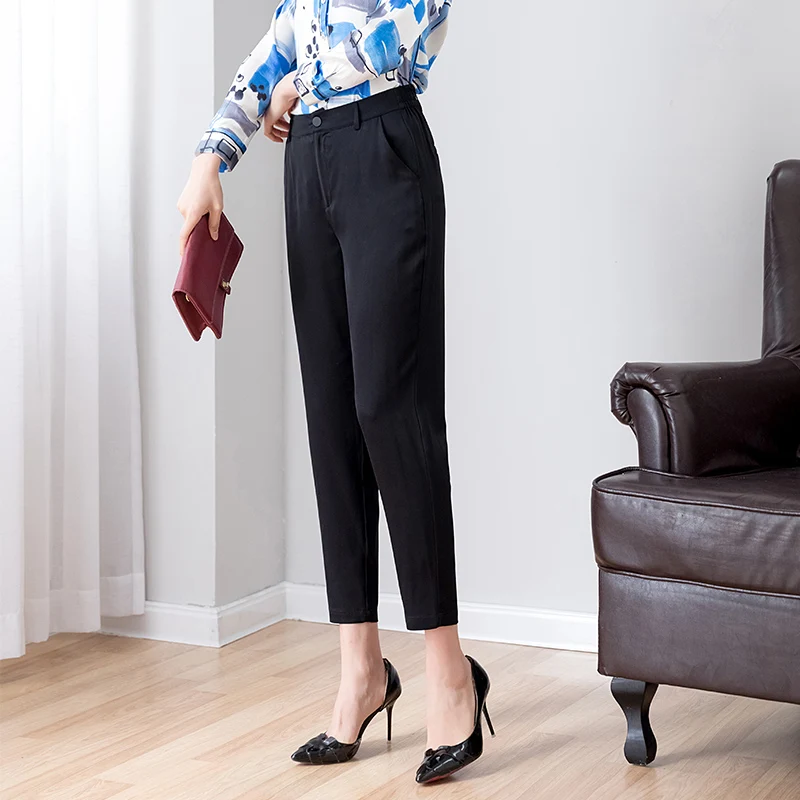

natural silk harem pants women 2019 new summer black real silk elegant noble rank trousers women vintage corrot office pants