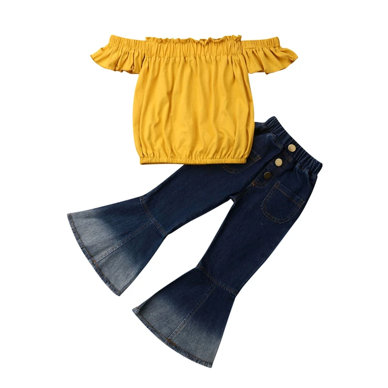 

2Pcs Toddler Kids Baby Girl Summer Clothes Children Sunsuit Children Off Shoulder Tops Denim Long Pants Jeans Outfit Set