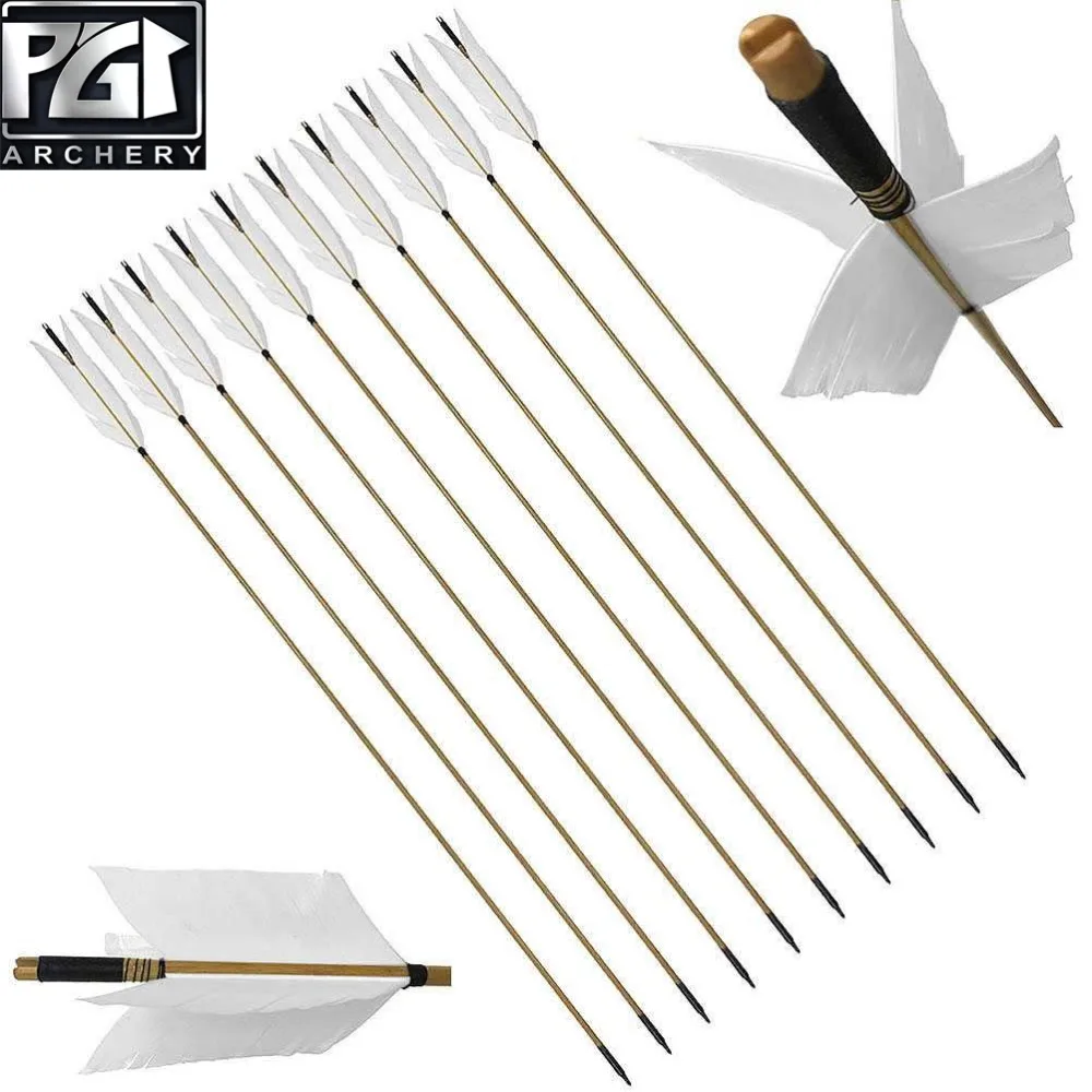 

PG1ARCHERY Archery Target Flu-Flu Arrows, 12 Pack Traditional Wooden Arrow 4 Feathers Fletching for Practice Targeting Hunting