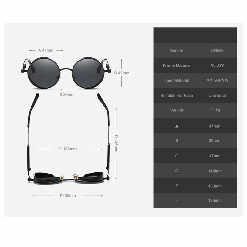 VEGA поляризационные стимпанк Солнцезащитные очки для мужчин и женщин, круглые готические паровые очки в стиле панк, металлические винтажные HD очки 372
