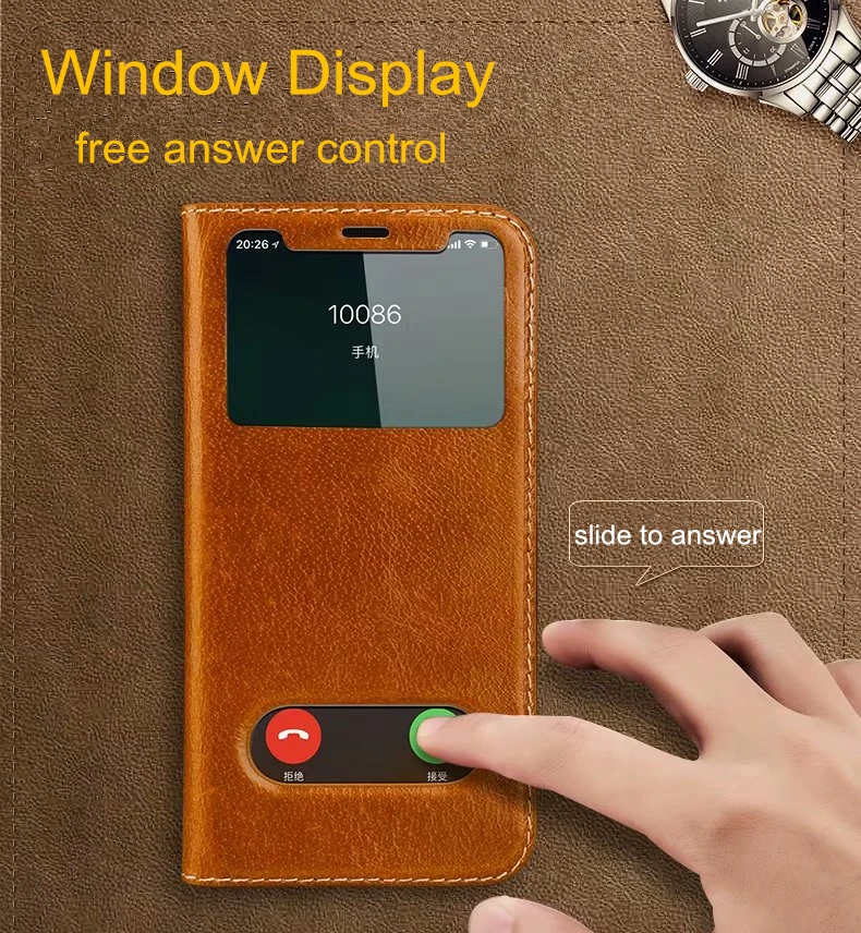 Чехол с окошком из натуральной кожи для iphone X, XS, XR, XS, Max, настоящая кожа, бесплатный ответ, чехол для iphone 6, 6s, 7, 8 plus, полная защита кожи