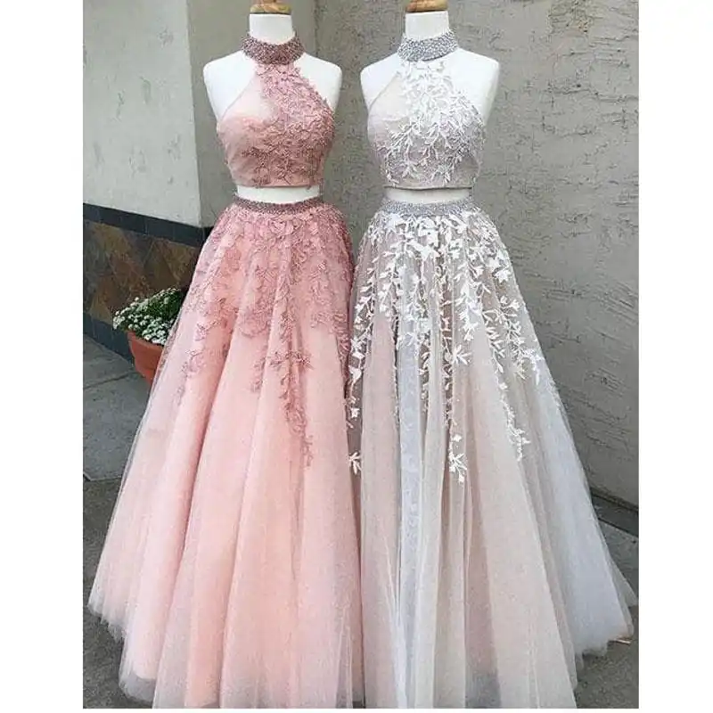 Pretty Light Pink 2 Pieces Prom Dresses 2018 Sparkle Crystal Beaded Lace Formal Party Halter Off Shoulder Gowns The Pretty Flower Dresses Which Match Flowers Light Pink Kids First Communication Dress Tutu Gown For Junior S Erfly