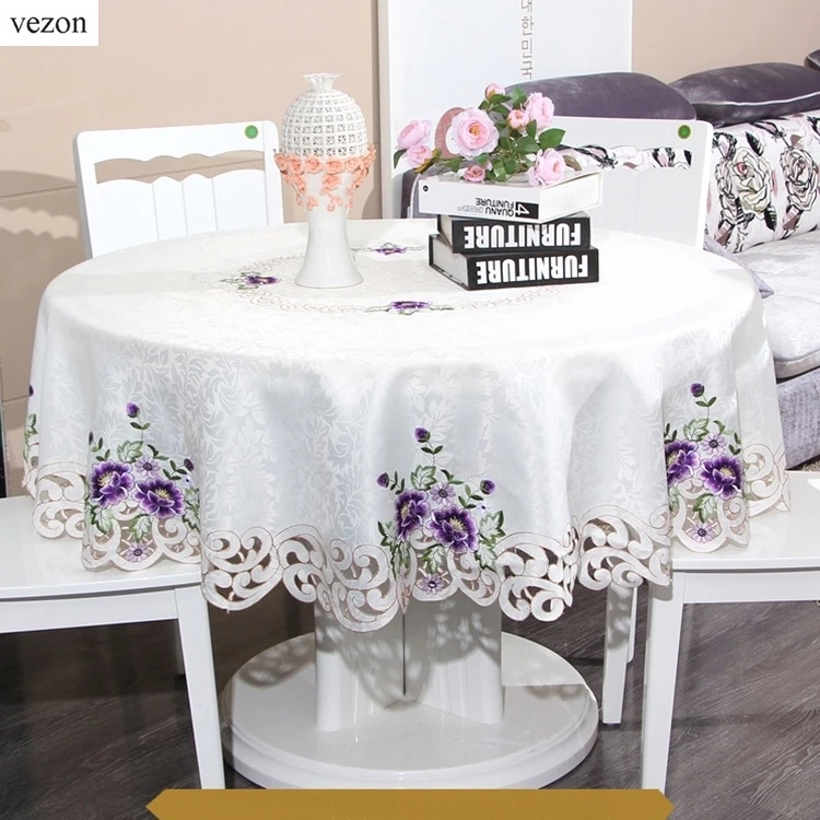 

vezon Elegant Europe Round Floral Embroidery Tablecloths Purple Embroidered Decoration Home Dining Table Cloth Cover Overlays