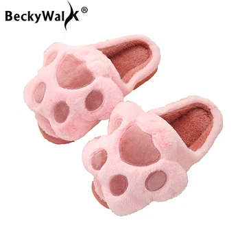 

BeckyWalk Lovely Women Flip Flops Cute Cartoon Floor Home Slippers Women Soft Warm House Shoes Winter Plush Ladies Shoes WSH3126