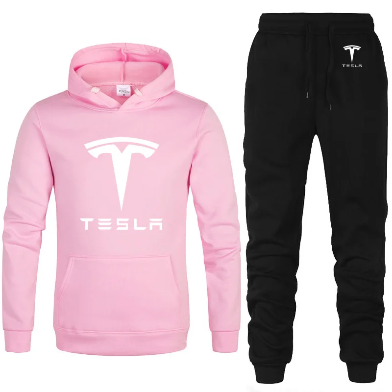 Толстовки мужские Tesla с логотипом автомобиля, унисекс, толстовка, модная мужская толстовка с капюшоном в стиле хип-хоп harajuku, повседневные флисовые толстовки, штаны, костюм из 2 предметов