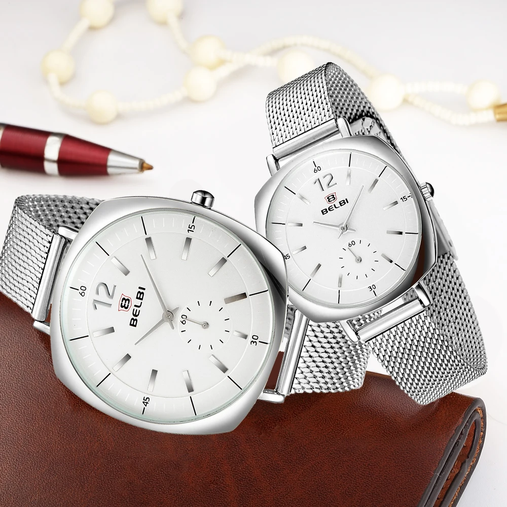 

BELBI Luxury Lovers Couple Watches Men Waterproof Women Silver Stainless Steel Quartz Wristwatch Montre Homme