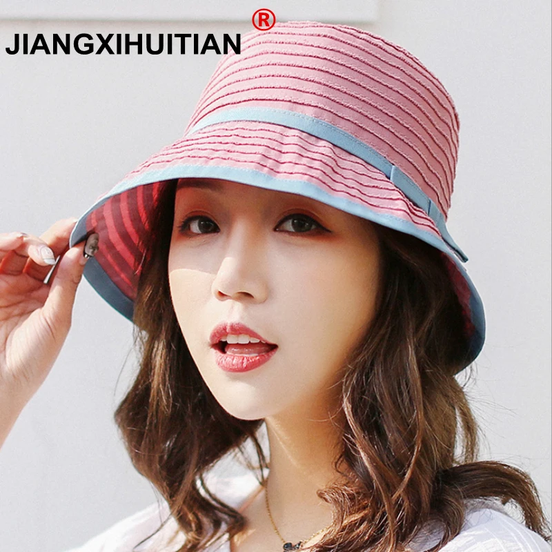 

2018 new Sun Hat Summer Hats For Women Stripe Bow Wide Brim Foldable Floppy Beach Panama Bucket Hat Chapeau Femme Visor Sunhat