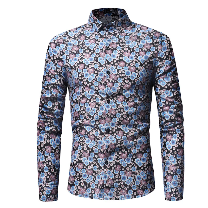 mens new fashion flower printed long sleeve shirts men camisa male slim floral shirts vintage