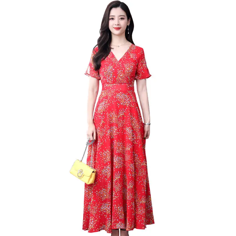 

Summer Retro Boho Women Dresses Red Chiffon Floral Print Flare Sleeve V-Neck Dress Ladies Big Swing Beach Party Dress Vestidos
