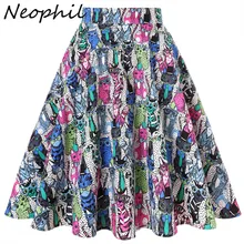 Neophil Плиссированные Миди юбки женские с высокой талией с животным принтом кошки Jupe Rokken готические хлопковые короткие юбки до середины икры S1702