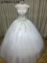 Gardlilac White Cap Sleeve ball Gown Wedding Dress with Beading Lace up Floor Length Wedding Gowns Tulle Bridals Gowns