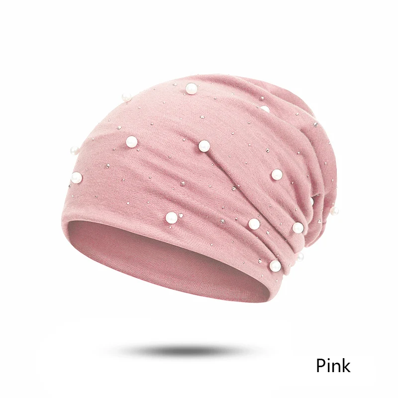 pink Модная однотонная женская шапка с жемчугом, зимняя женская шапка, мягкая шапка, теплая хлопковая шапка с капельками - Цвет: pink