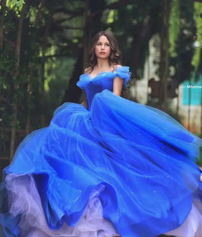 Королевское синее Пышное Дешевое бальное платье с открытыми плечами из тюля, вечерние платья с бисером 16