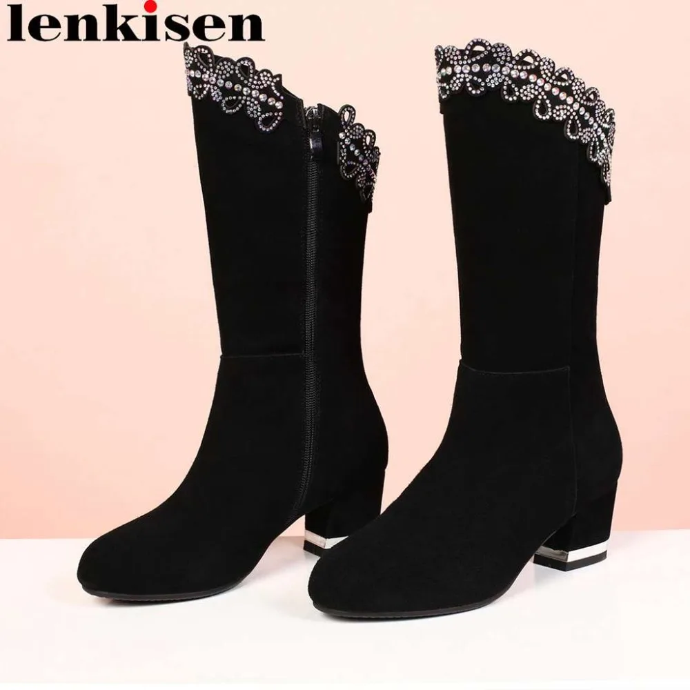 

New fashion round toe genuine leather black color lacework design crystals western boots big size med heels female boots L40