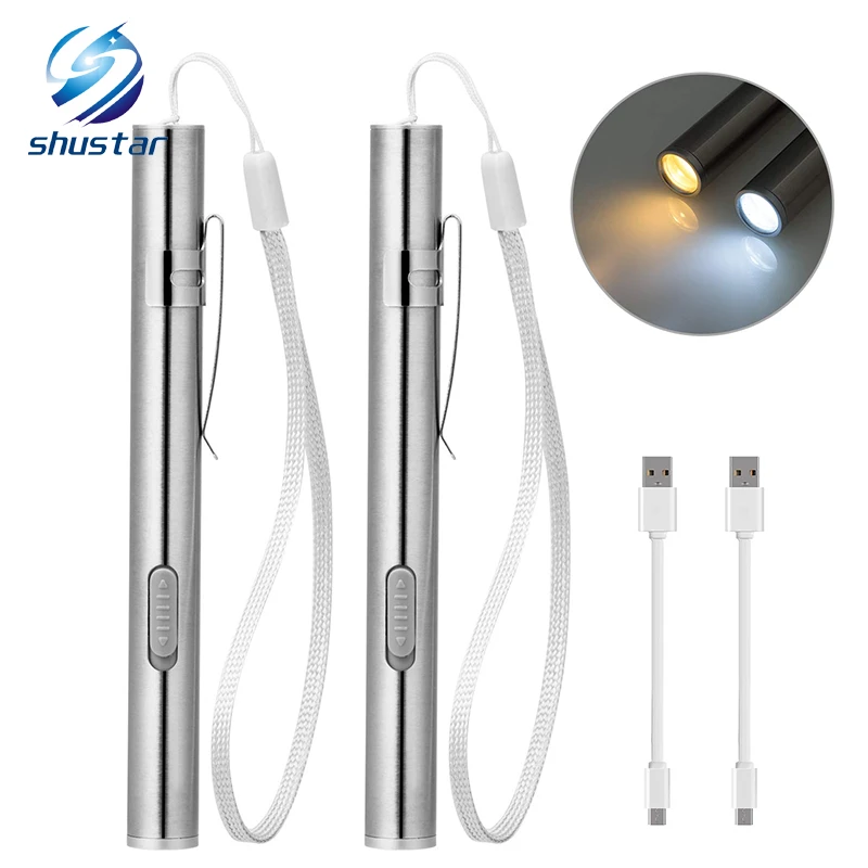 Rechargeable LED Flashlight Pen light MINI Torch Cool white + warm white light With USB charging cable Used for camping, doctors led pocket torch