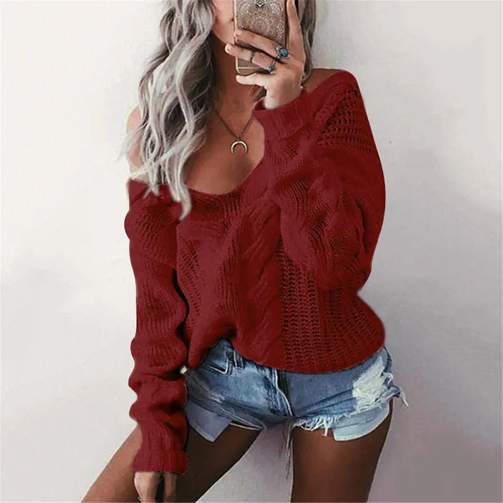 Women Winter Knitted Sweater Women 2019 Autumn White Hollow Out Female Pullover Sweater Sexy Deep V Neck Long Sleeve Jumpers