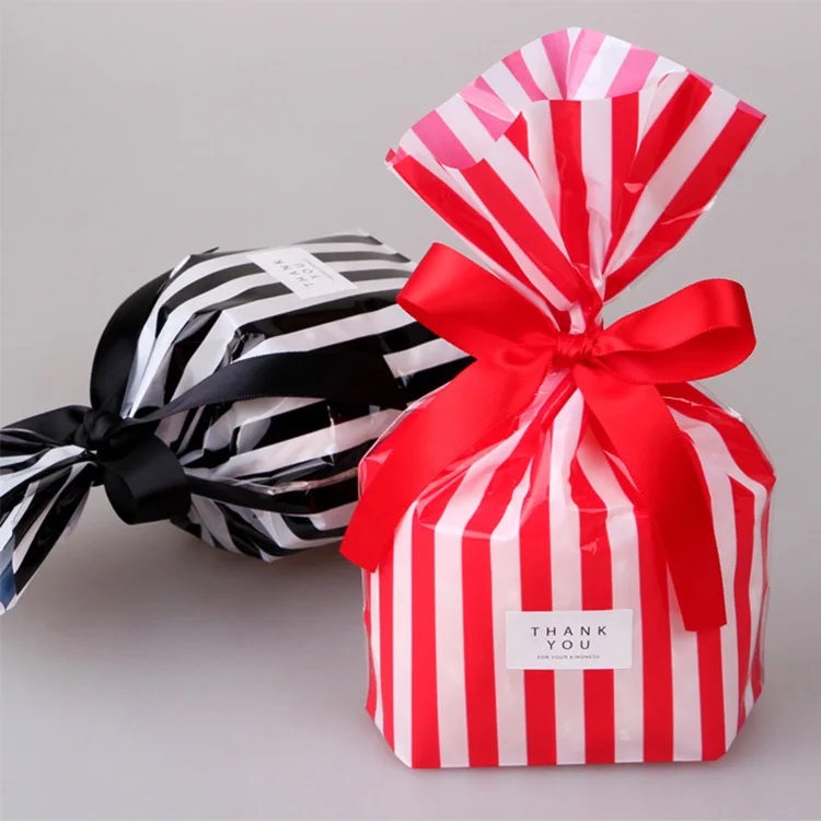 50pc Black Red and white Striped Candy Bag with Ribbon wedding Birthday candy box favor Baby