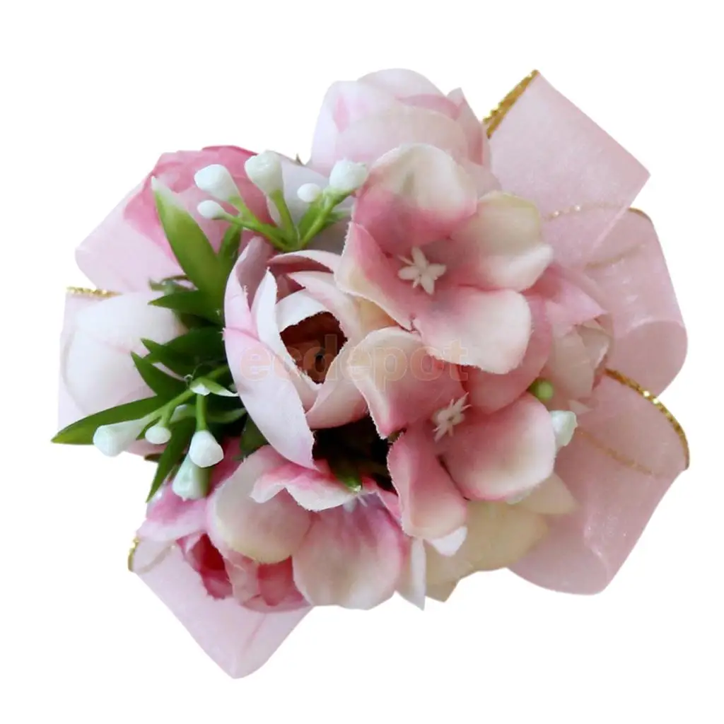 5pcs Silk Hand Flowers Wedding Bride Bridesmaid Wrist Corsage Peach Pink