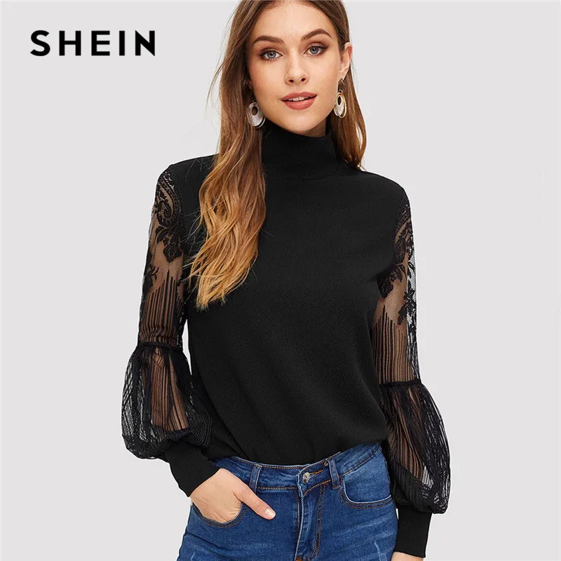 SHEIN Однотонный Топ С Прозрачными Рукавами Сексуальная Блузка Ажурными