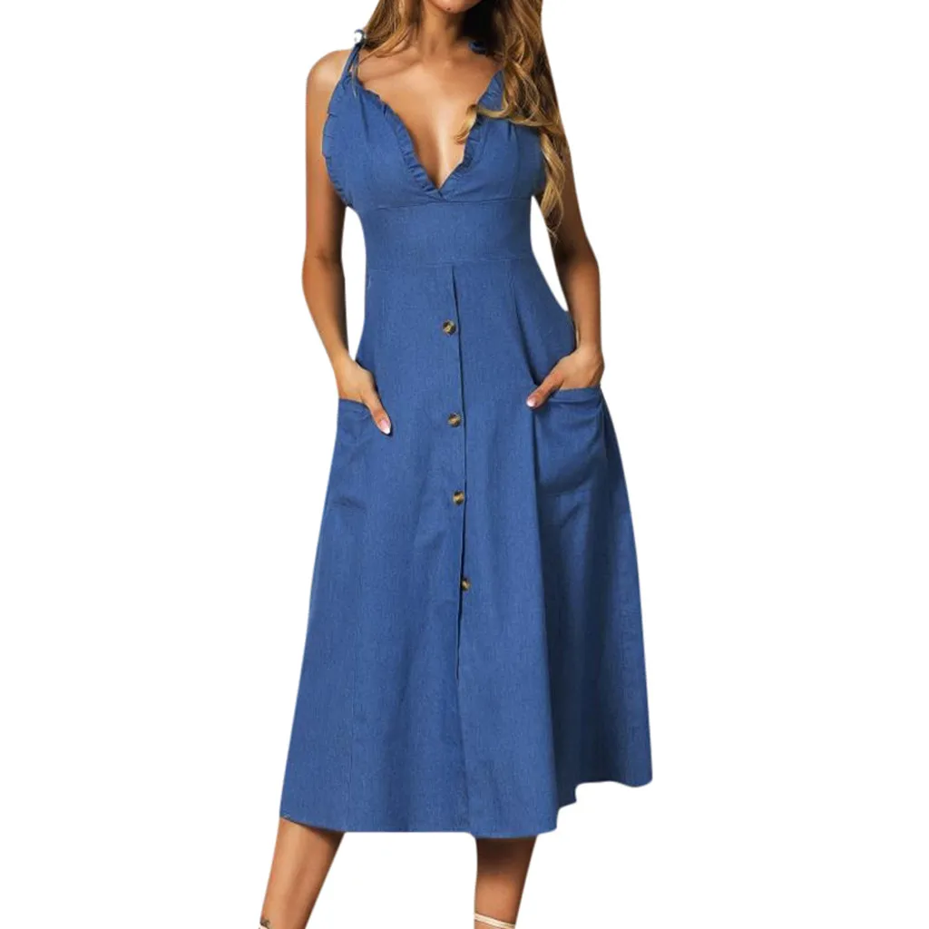 WOMAIL Women Dress Summer  Bohemian Spaghetti Strap Button Swing Midi Dress With Pocket V-Neck Empire Party Blue Dress W30418
