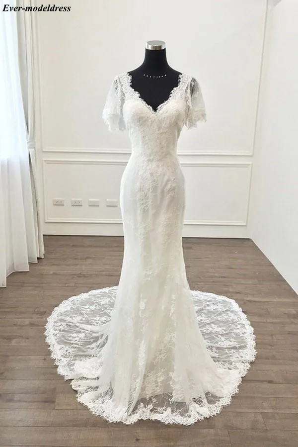 

2019 Wedding Dresses Lace Mermaid Short Sleeves V-Neck Backless Sweep Train Gorgeous Bridal Gowns Vestido De Noiva Cheap