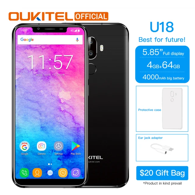 Cheap OUKITEL U18 5.85" Full Display Mobile Phone MT6750T Octa Core Android 7.0 4G RAM 64G ROM 4000mAh Face ID Fingerprint Smartphone