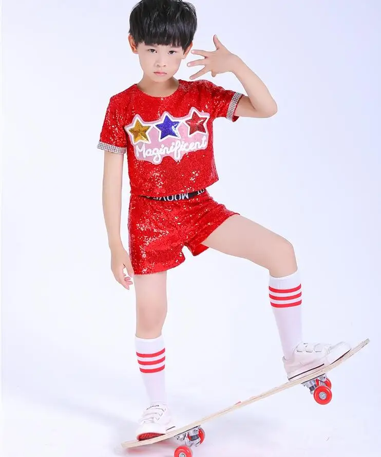 Детский современный джазовый танец с пайетками, Топы+ штаны, хип-хоп, танцевальные костюмы, костюм для девочек и мальчиков, расшитые блестками, командные костюмы Черлидинга - Цвет: Boys Red
