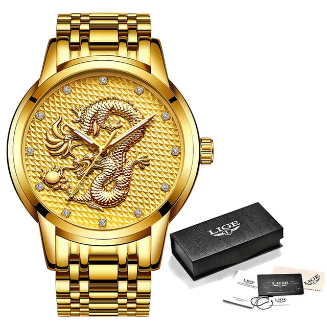 2021 LIGE New Golden Mens Watches Top Brand Luxury Chinese Dragon Watch Business Full Steel Quartz Clock Male Relogio Masculino Full yellow S